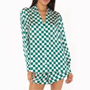 Show Me Your MuMu emerald green checker silk pajama set XS Christmas pajamas